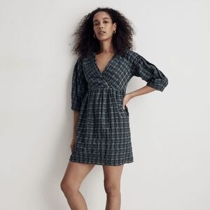 Madewell Marianna Green & Blue Plaid Pleated Puff Sleeve Sundress Size M